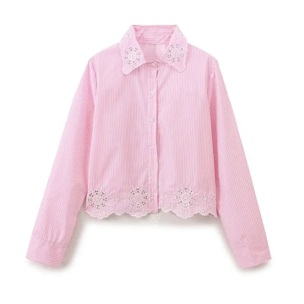 Striped Shirt with Hollow out Embroidery for Women Sweet Temperament Single Breasted, Long Sleeved Top Pink New