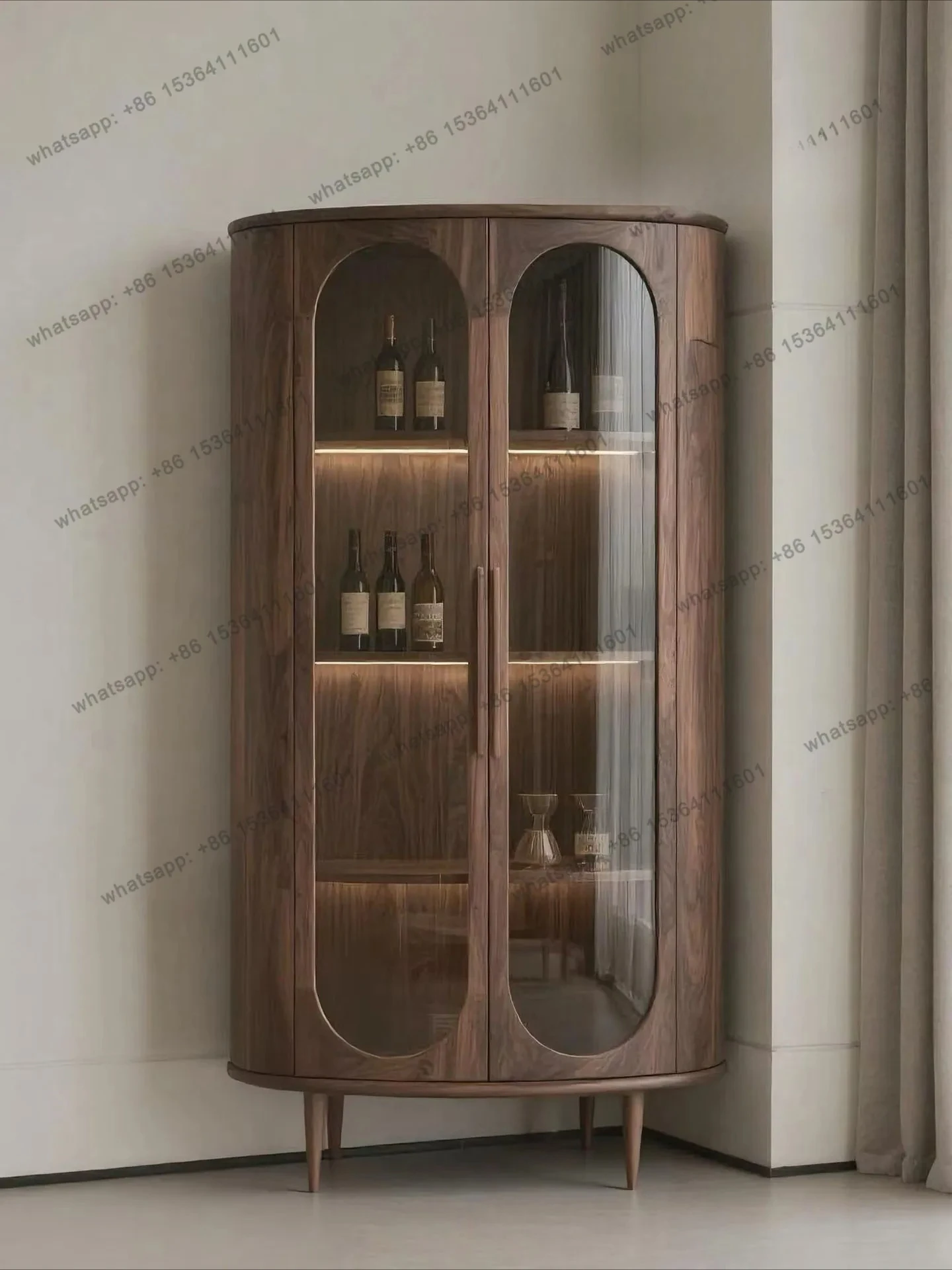 

Italian minimalist North American black walnut glass wine cabinet living room oval display cabinet solid wood storage