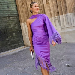 Purple Prom Dress One Shoulder Tassel Sheath/Column Asymmetrical Prom Gowns for Women 2024 Ruched Formal Evening Party Dresses