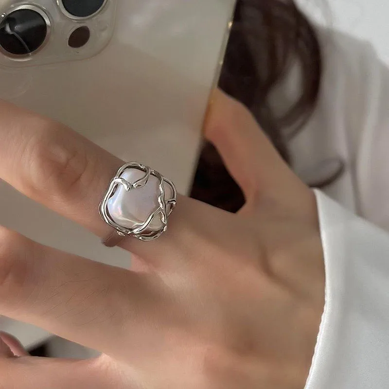 Women's 925 Sterling Silver Geometric Pearl Ring, Elegant Gift