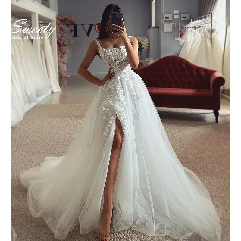 

Charming Wedding Dress Organza Embroidery Lace Slit With A Line Floor Length Ball Gown Square Collar Sleeveless Bridal Button