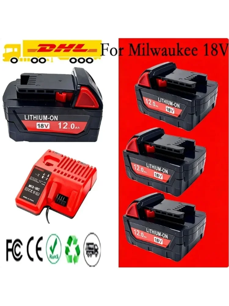 2026 – akumulator 18 V do urządzeń Milwaukee, model M18-HB3, o wysokiej pojemności 12 Ah, oryginalna ładowarka Milwaukee M12-18FC, numer 48-11-1815. — 2