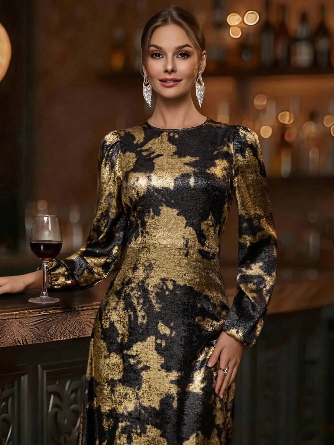 

Gold & Black Metallic Abstract Print Long Sleeve Dress, Waist-Cinched Elegant Party Dress