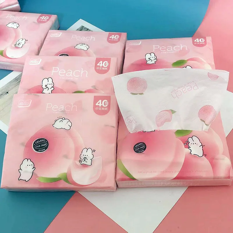 A small Portable Bag of Tissue Wettable 3 Layers of Odorless Virgin Wood Pulp Tissue Peach Printed Toilet Paper Colored Napkins