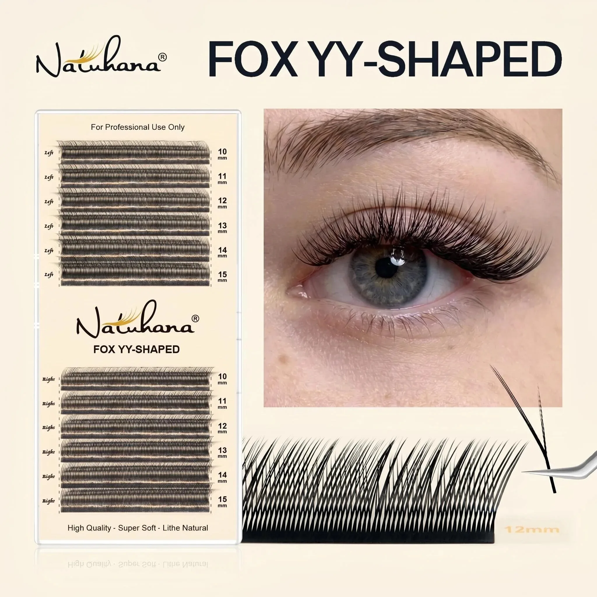 NATUHANA Fox YY-förmige Wimpernverlängerung, mattschwarz, natürlich, weich, YY-Falsche Wimpern, vorgefertigte Volumen-Fächerwimpern für Make-up-Tools