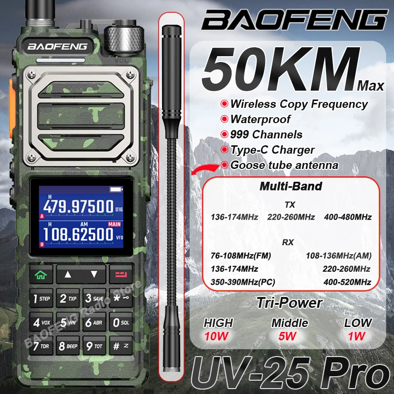 Baofeng UV-25 PRO Air Band Walkie Talkie Six Band Camo Wireless Copy Frequency Type-C AM FM Long Range High Power Two Way Radios