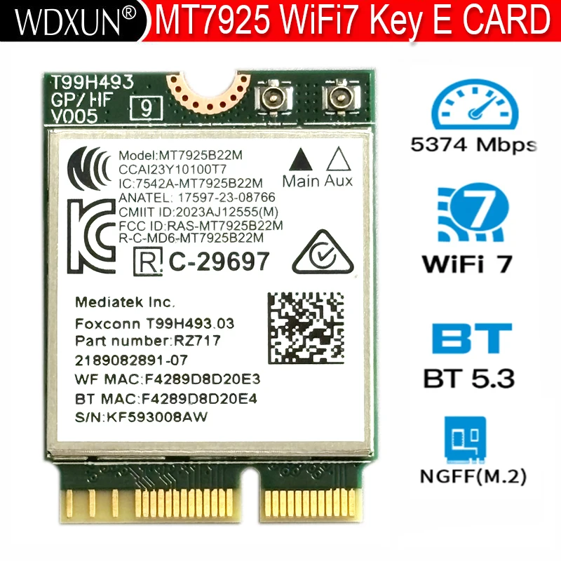 M.2 Wireless Lan Card 5400Mbps Wi-Fi 7 MT7925 Key E 2.4G 5G 6G BT5.3 Network Card Wifi Adapter Dongle for Win 10/11 Laptop