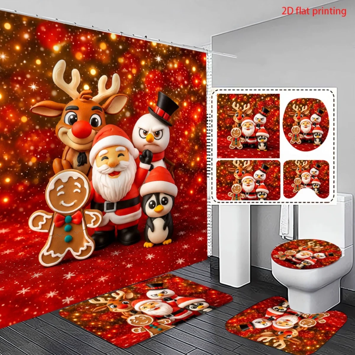 4pc 2D Flat Christmas Bathroom Decor Set, Red Festive Theme with Santa, Reindeer, Snowman & Gingerbread Man