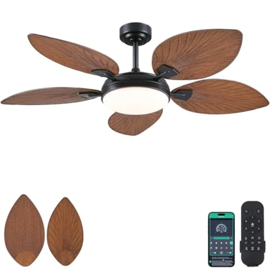 

52 Tropical Outdoor Ceiling Fan with Light and Remote for Patios and Porches, Palm Leaf Design, Dimmable, 6 Speeds, Reversible,