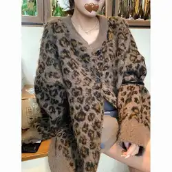 Women's Leopard Knitted Cardigan Round Neck Sweater