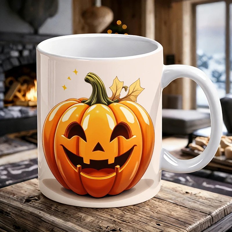 

11 oz Cute pumpkin lantern ceramic cup, smiling pumpkin Halloween coffee cup, insulated milk cup, water cup for home and office