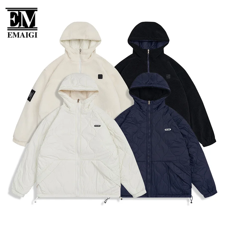 Double-faced Wearable Jacket Autumn Winter Men Women Loose Casual Lambhair Hooded Parkas Jacket Campus Boys Girls Outdoor Coat