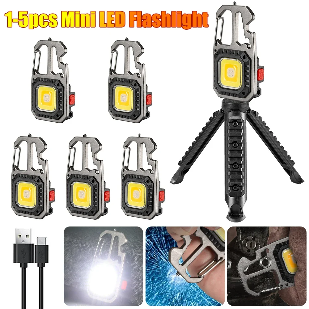 1-5PCS Multi-function COB LED Flashlight Outdoor USB C Rechargeable Keychain Light Hook Strong Magnet Screwdriver Emergency Lamp