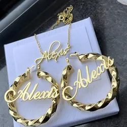 DUOYING Custom Name Hoop Earrings Twist 50mm Personalized Stainless Steel Nameplate Necklace Gold Color Jewelry Set For Women