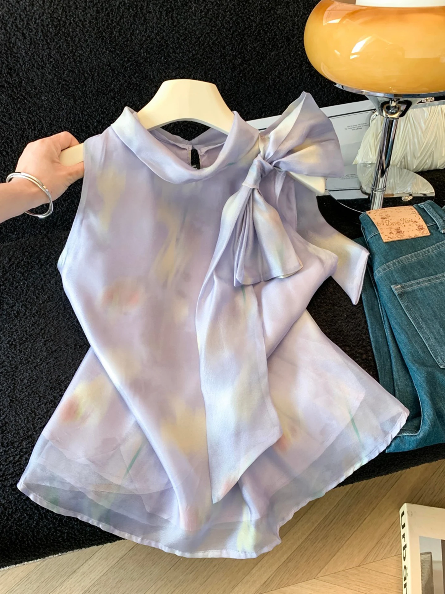 

Pastel Purple Gradient Knot Blouse Women's Summer Sleeveless Vest Chiffon Top Gentle Style Loose Fit Daily Wear