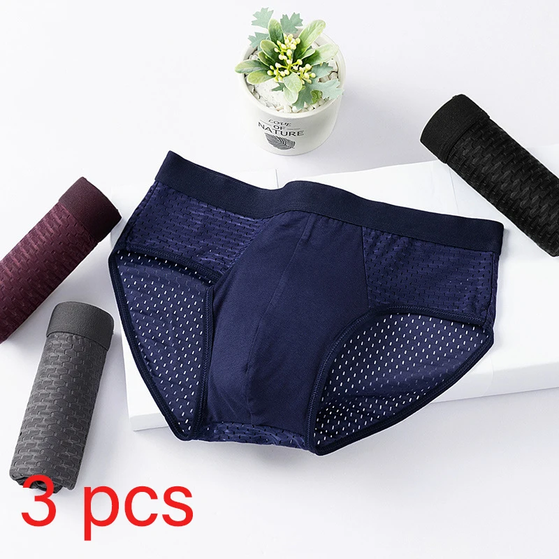 3 Pcs/Lot Men's Bamboo Mesh Briefs Underwear Hombre Hole Large Size Sexy Panties Male Shorts Lingerie Breathable Underpants