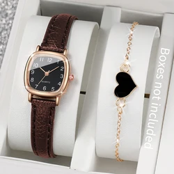 Fashion Women Square Case Leather Strap Quartz Watch & Heart Bracelet