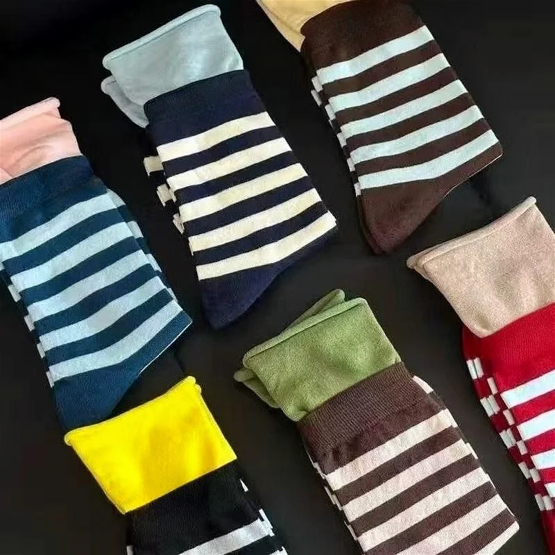 Women's Socks Japanese Striped Contrasting Dopamine Kawaii Rolled Edge Sports Mid Tube Socks Comfortable Breathable Cotton Socks