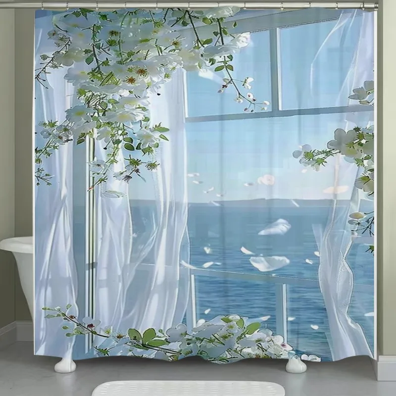 

Ocean-Themed Floral Shower Curtain for Bathtub - Polyester with Hooks, Machine Washable Decorative Bath Divider
