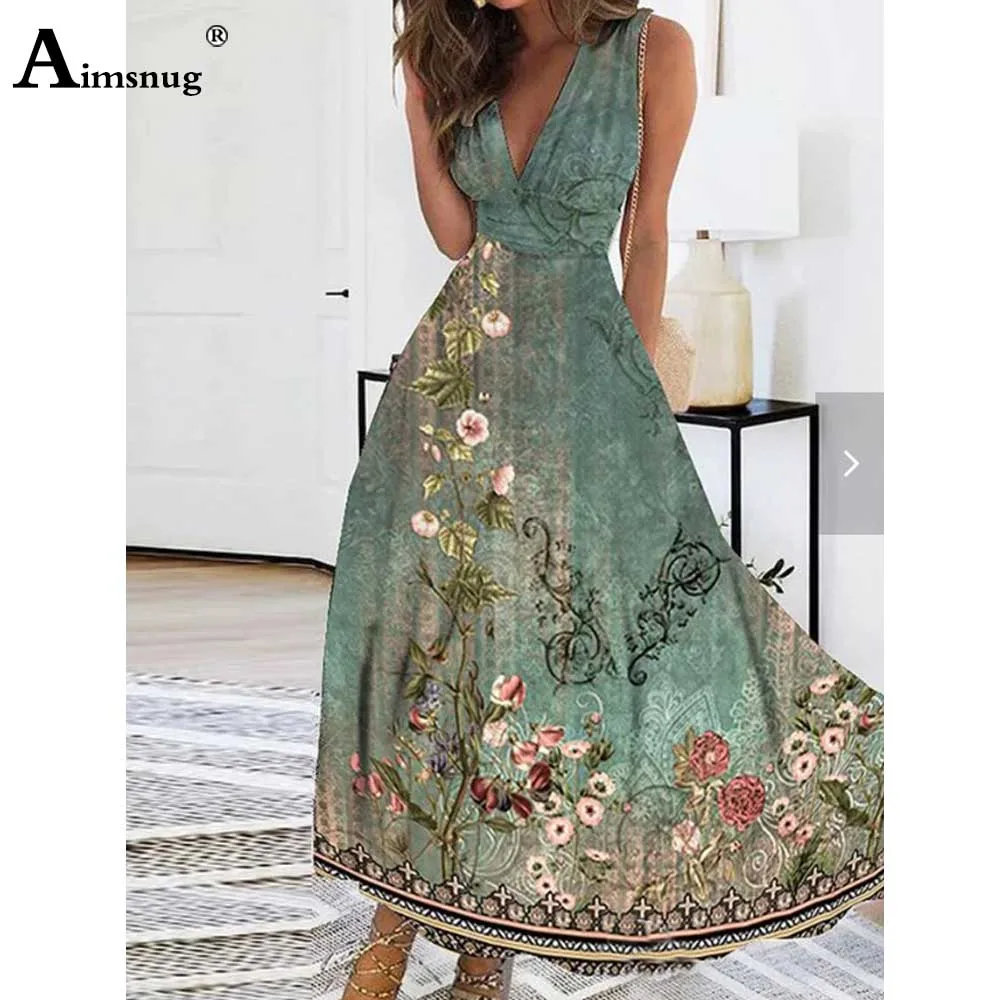 Vestido largo bohemio con estampado de flores para mujer, traje elegante informal de verano con cuello en V para fiesta, talla grande, 2023