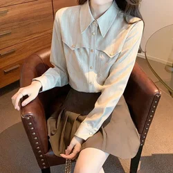 Fashion Korean Striped Long Sleeve Blouse Women's Clothing All-match Simplicity Spliced Turn-down Collar Button Shirt for Female