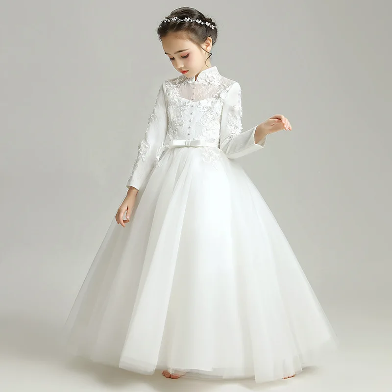 Child Luxury White Puffy Party Maxi Dresses for Elegant Girls 3-12 Year Evening Pageant Tulle Frock Long Sleeves Cocktail Dress