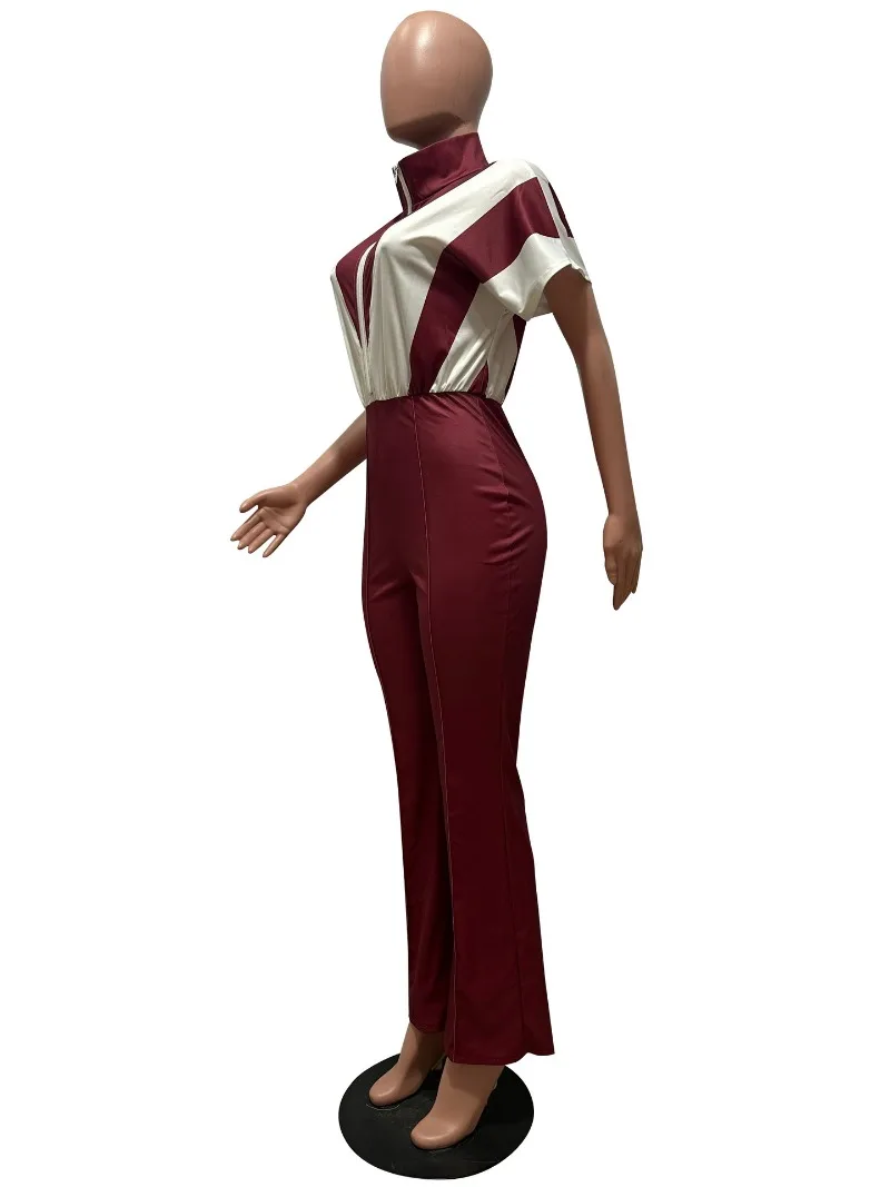 컬러 패치 워크 여성 캐주얼 점프 슈트 스탠드 칼라 반소매 지퍼 하이 웨이스트 플레어 바지 원피스 오버올 스트리트 로퍼