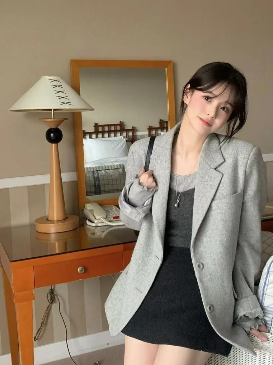 

Korean Ele Woolen Coat Fem Warm Tweed Jaet Faionable Office Sle Long Coat Pure Color Straight Cut Fit for Autumn