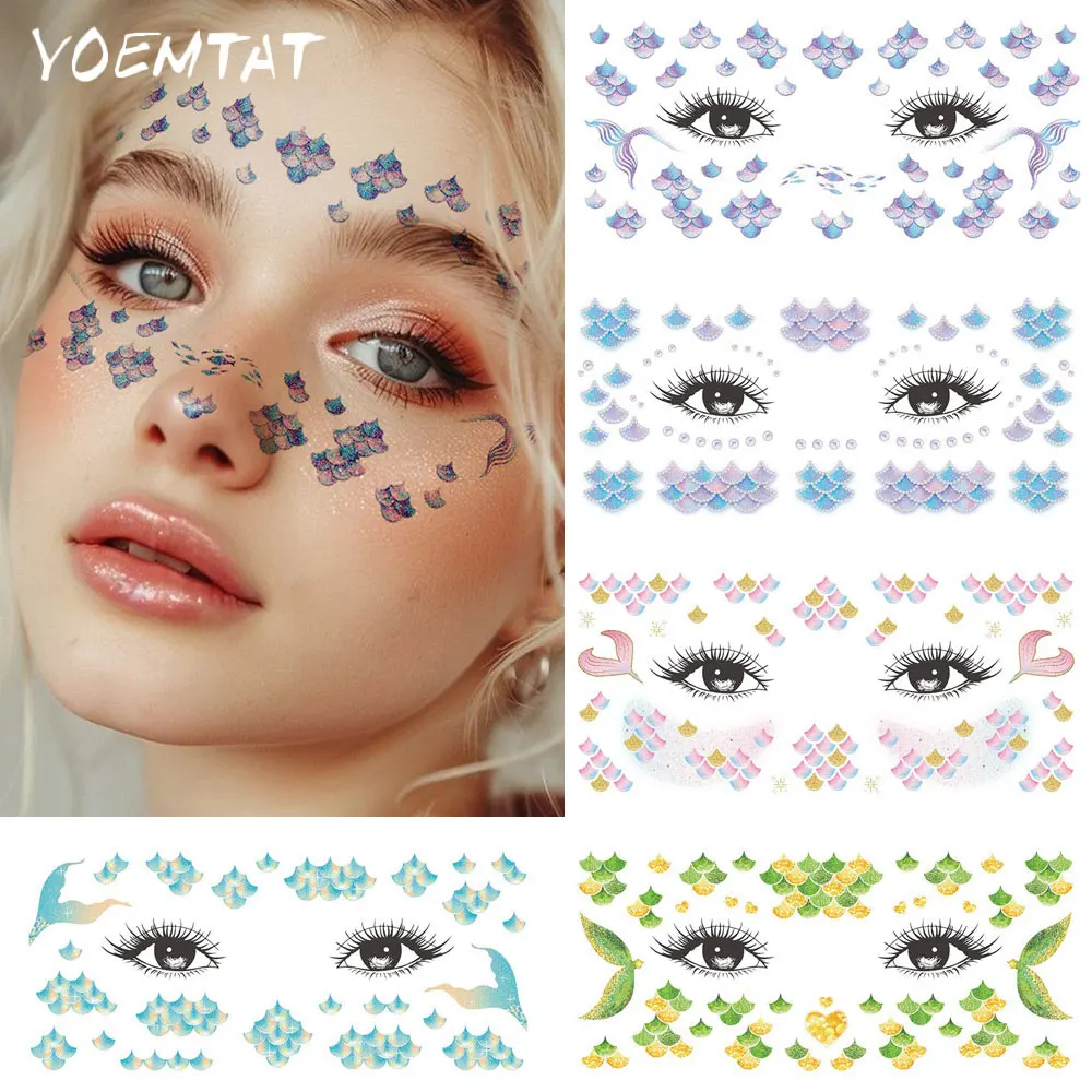 

6 шт., красочная блестящая пудра, наклейка на лицо русалки, водостойкая временная татуировка, Русалка, рыбья чешуя, боди-арт, рука, поддельная татуировка для женщин