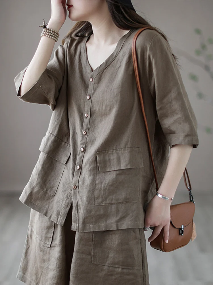 

Women's Loose ort Sve irt Top And Cotton Linen orts Two Piece Set Summer Casual Faion Ensemble
