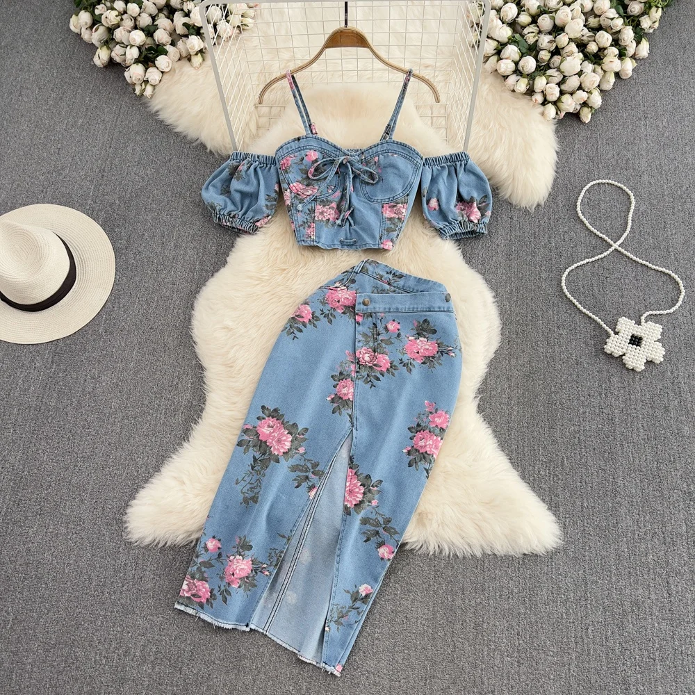 

Faionable Denim Set Women Sexy Chic Strap Top High Waist Asymmetrical Slit Skirt Summer Two-Piece Ensemble Polyester
