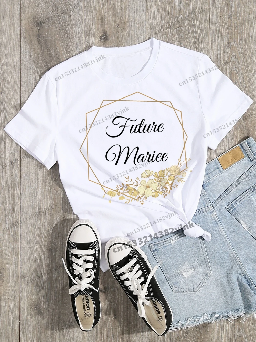 Wedding Party Evjf Women Tee Shirt Team Bride Future Mariee Bride Casual ladies basic O-collar Black Short Sleeved T-shirt Girl