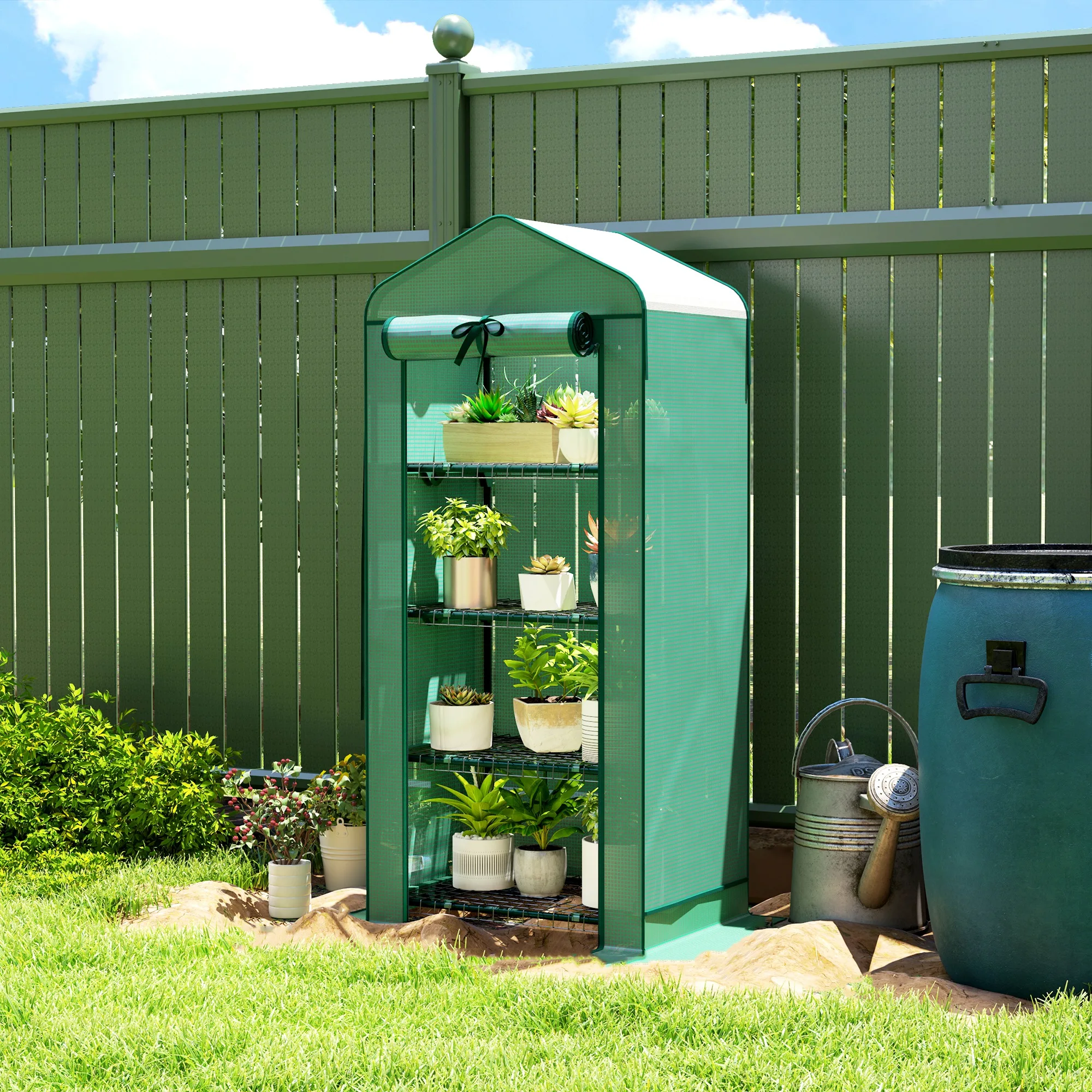 Mini Greenhouse with Screen Roof, 4 Tier Portable Small Greenhouse with High Strength PE Cover, Green