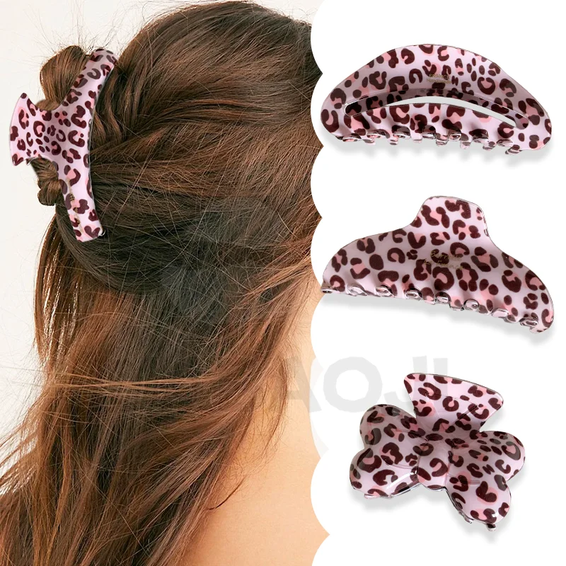 Summer Sweet Pink Leopard Print Hair Claw For Women Y2K Style Girls Bowknot Shark Hair Clip