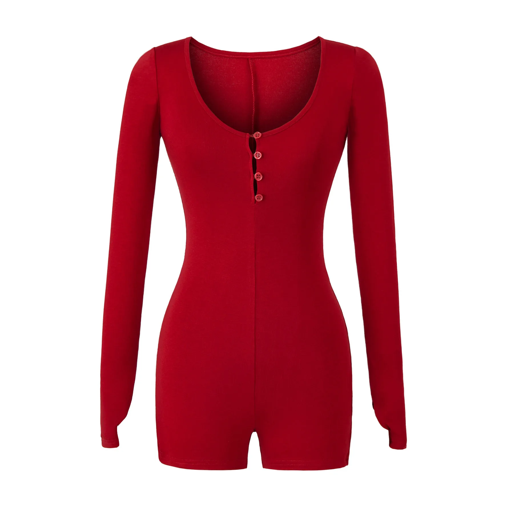 Jumpsuit bodysuit wanita lengan panjang berkancing pendek