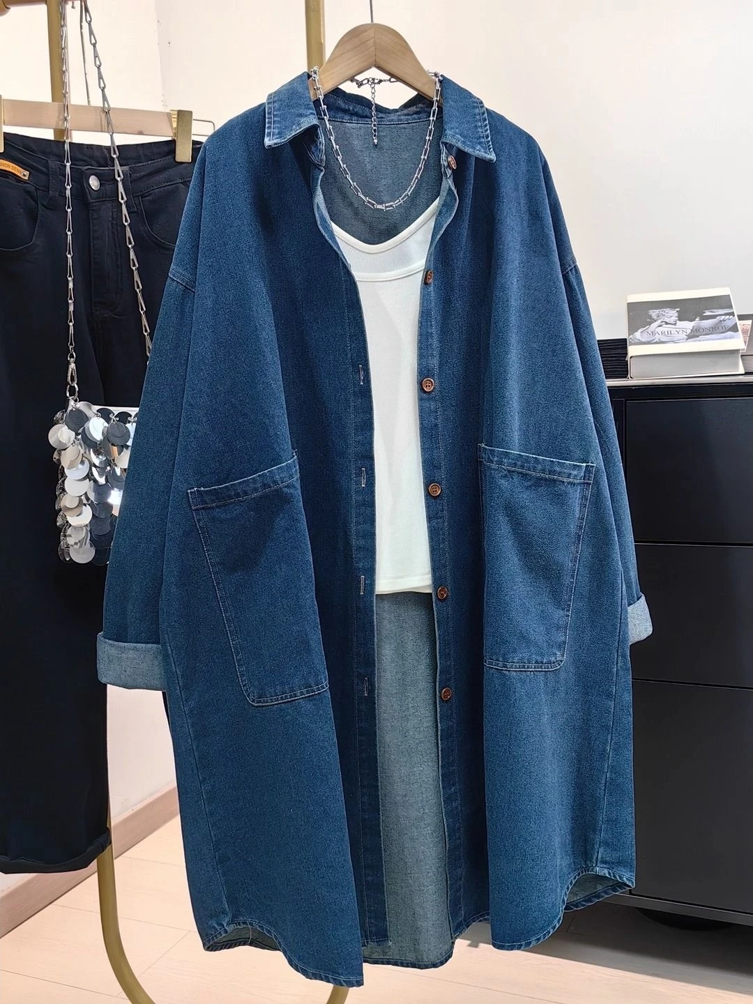 Maternity Wear - Luźna ciążowa sukienka koszulowa z denimu,