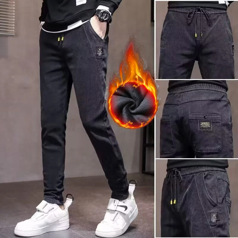 

Мужские модные зимние теплые плюшевые джинсы, мужские утолщенные джинсовые брюки на флисовой подкладке, удобные классические повседневные официальные брюки