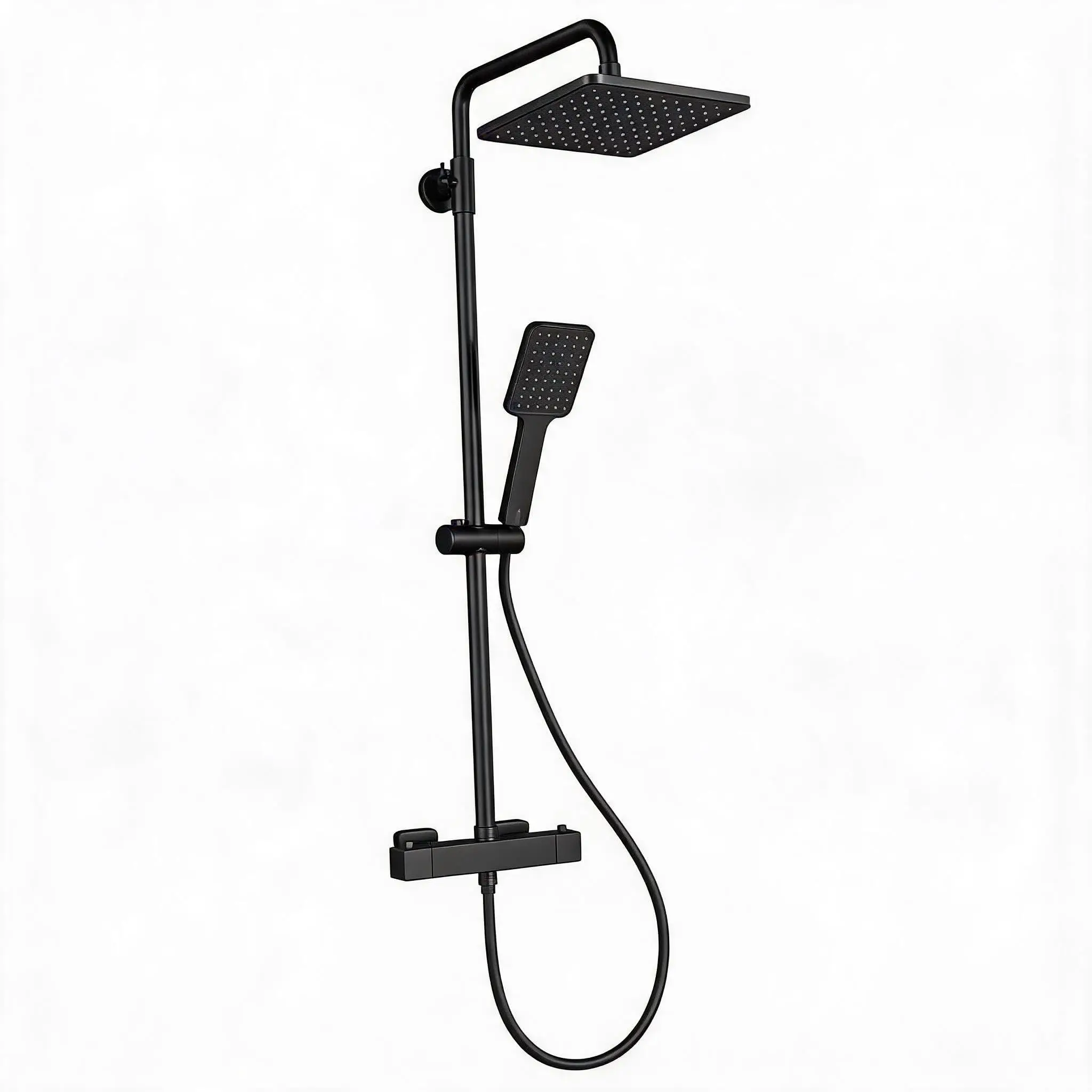 Sistema doccia termostatico con soffione a pioggia quadrato da 25 cm, doccetta a 3 funzioni e barra regolabile, 38 ° C Anti-scottatura, Acciaio Inox 304 Nero Opaco, Rubinetto per Vasca – Uscita