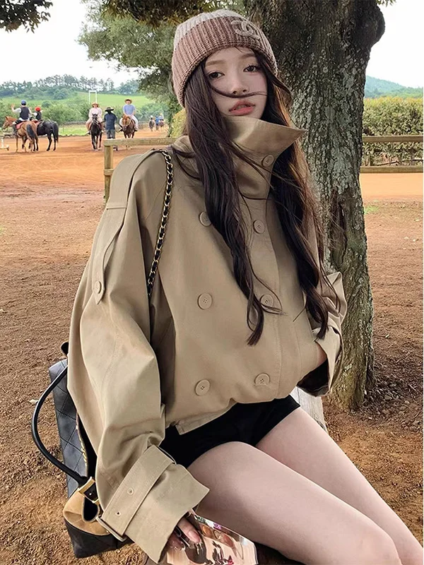 

Женское осеннее пальто-жакет в британском стиле, ретро, с двубортной застежкой, свободного кроя, повседневное, из полиэстера, с длинными рукавами