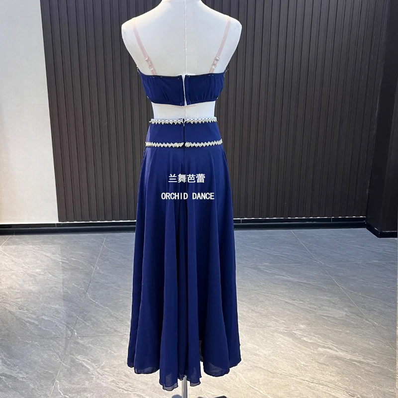 Women strapless split exotic ballet costume gilded scroll blue gem embroidery high waist big swing chiffon long skirt matching h