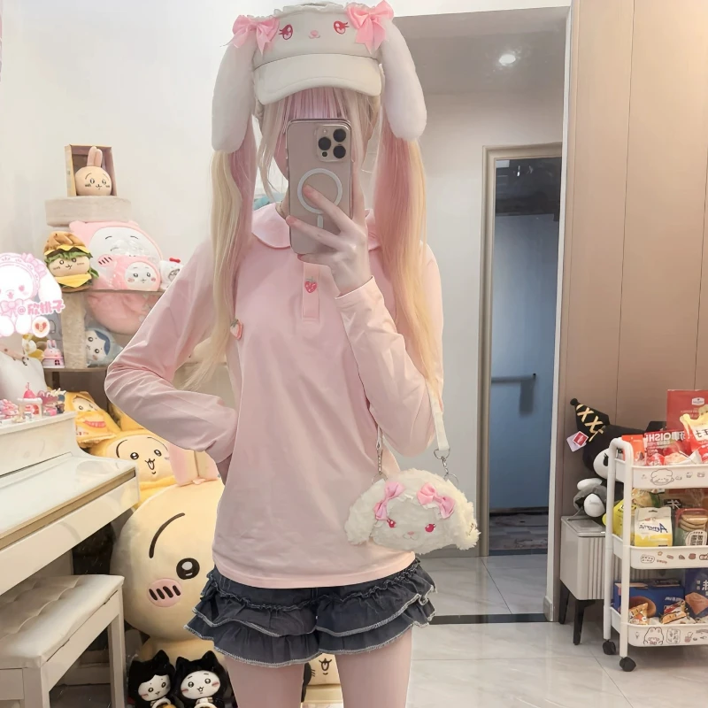 Japanese Kawaii Lolita Style T-Shirts Women Swweet Strawberry Embroidery Peter Pan Collar Long Sleeve Tees Harajuku Y2k Pink Top