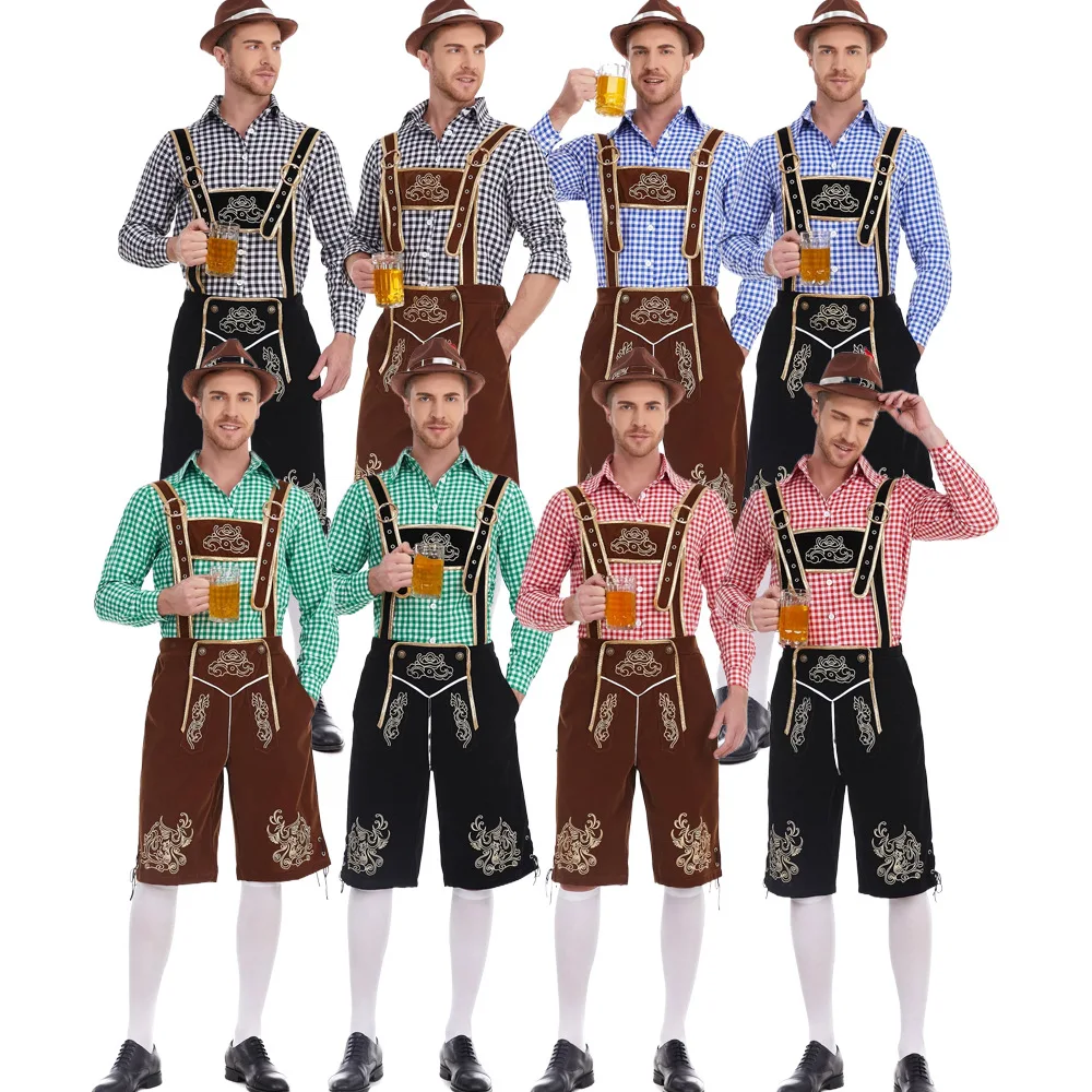 La birra degli uomini dell'oktoberfest bavarese tedesco indossa il vestito delle bretelle della camicia scozzese per adulti