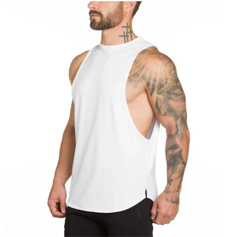 Men's Cotton Drop Armhole Tank Tops Crew Neck Sleeveless Gym Workout Shirt Curved Hem Bodybuilding Running Vest Sportswear