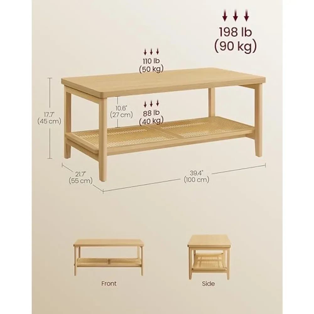 Mesa de centro de 2 niveles para salón, mesa de salón, mesa central rectangular, con estante de almacenamiento de ratán de PVC