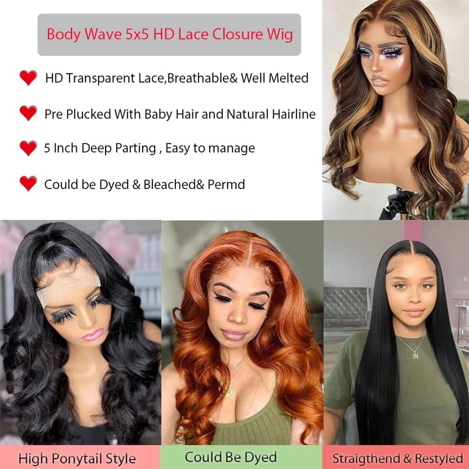 FABHAIR 5x5 HD Lace Closure Wigs Human Hair Pre Plucked 5X5 Body Wave Lace Front Wigs Brazilian Virgin Human Hair 180% Density