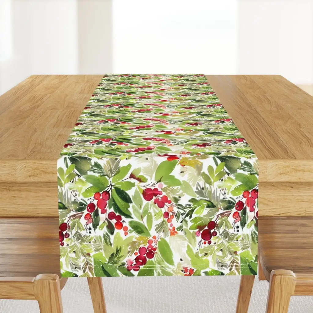 

JIT Table Runner With Watercolor Red Berries And Green Leaves Pattern For Christmas Dining Table Decor Christmas Elegant Durable