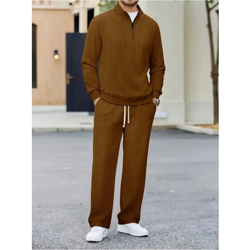 

Men's Corduroy Ribbed Texture Half Zip Set Casual Stand Collar Hoodie Straight Leg Pants Top Choice for Daily Outings