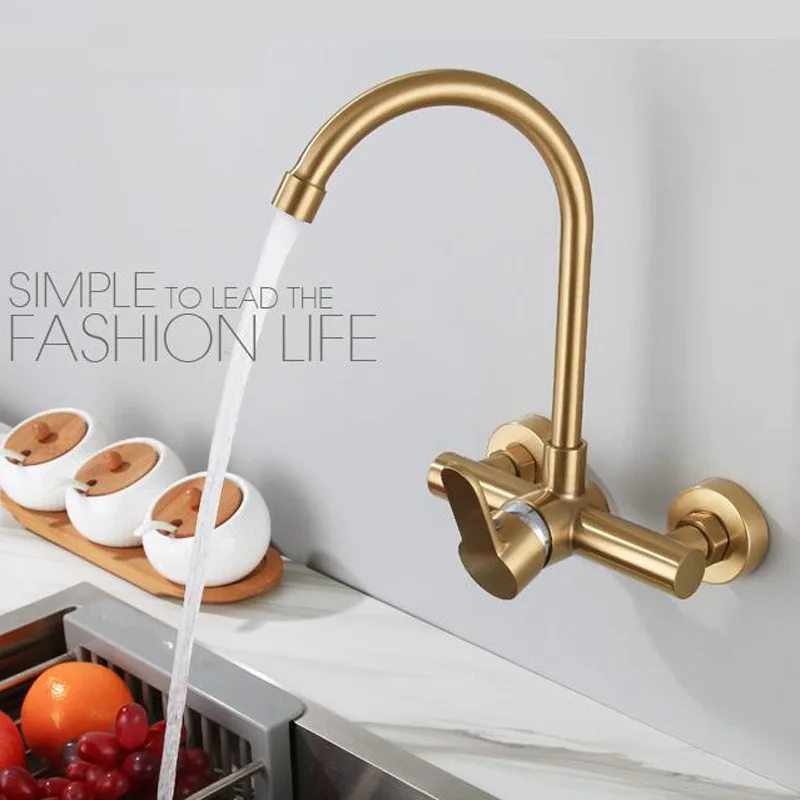 Wall Mounted Kitchen Faucet Rotation Sink Water Mixer Brushed Gold Laundry Faucet