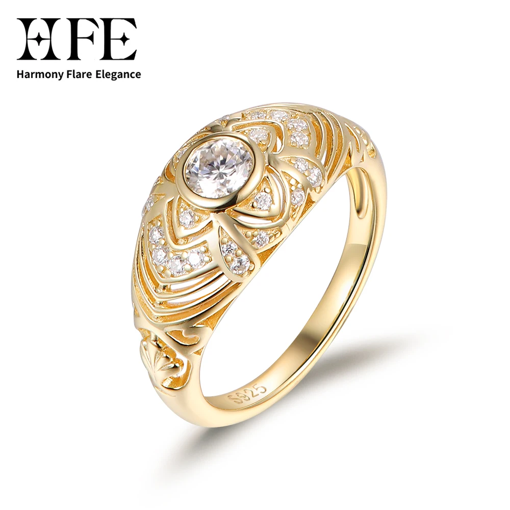 

Кольцо HFE с широким цветочным узором и муассанитом ручной работы, из стерлингового серебра S925, в богемном стиле, модное ювелирное украшение для женщин