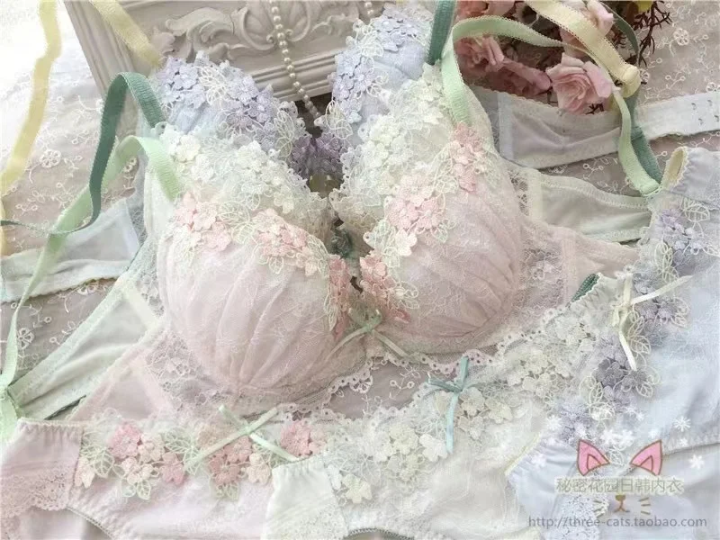 

2023 New bra and panty set Japanese single deep V exquisite water soluble lace embroidery flower fairy gathered bra underwear se